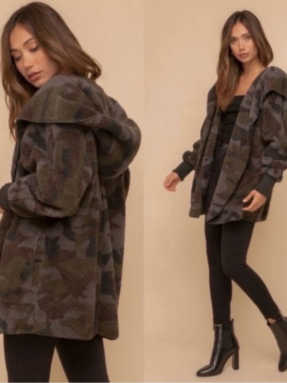 Hem & Thread Camo Hooded Sherpa Jacket - Olive/Gray/Brown One Size Fits Most - Picture 4 of 7